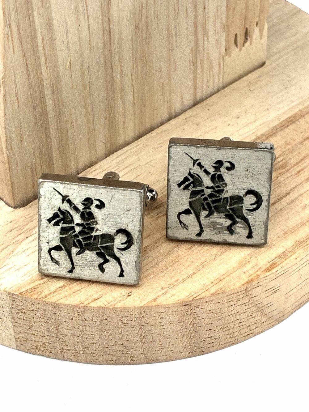 Vintage Silver Tone Cufflinks Etched Knight on Horseback Heraldic Mid Century